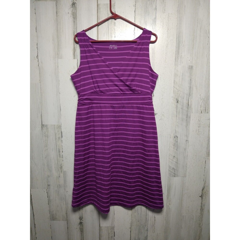 Eddie Bauer Striped Sleeveless Travel V-Neck Faux Wrap Dress Purple Large